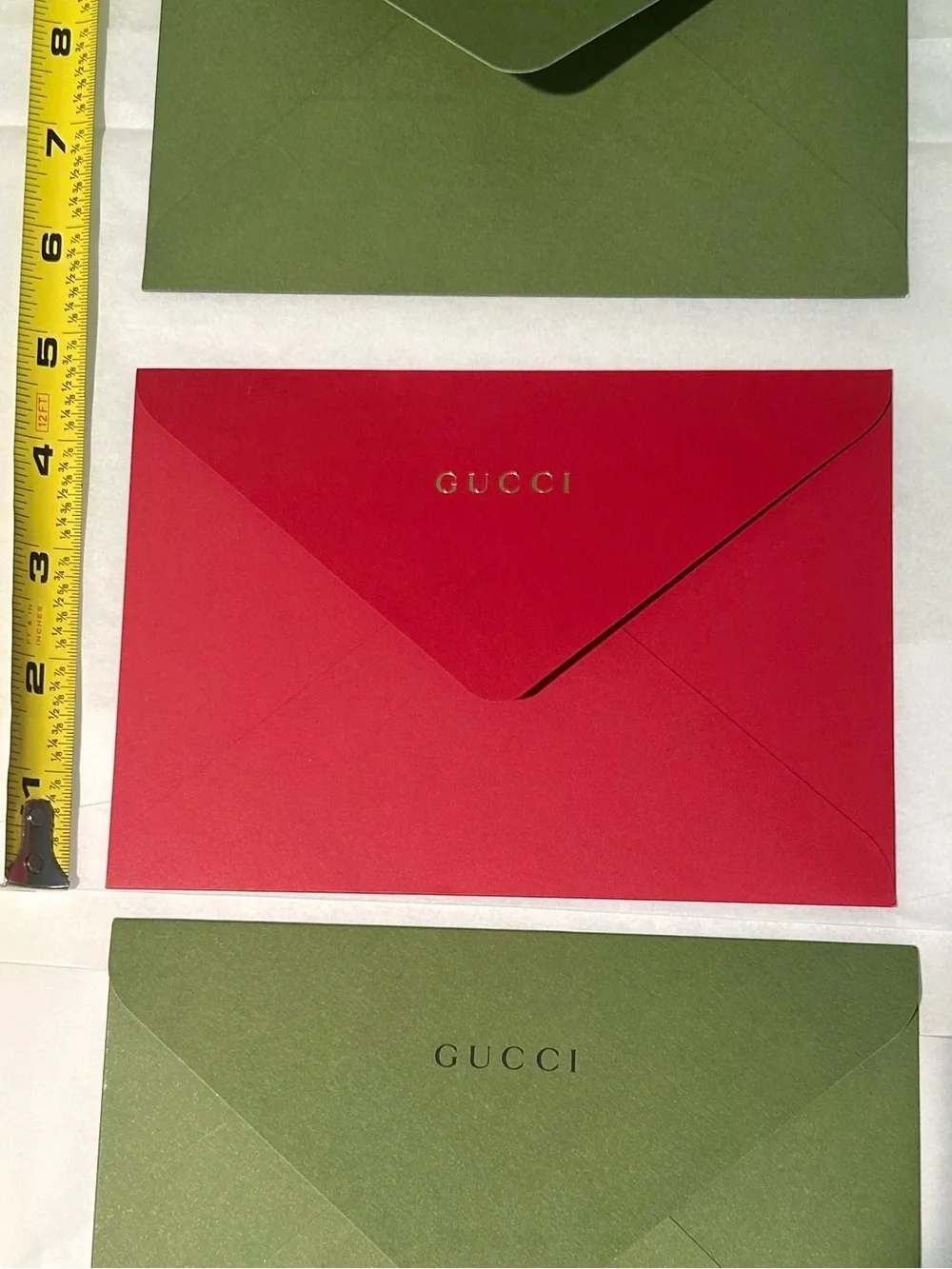 Authentic Gucci Collectible Green/Red Logo Embossed Presentation Envelope Trio.
